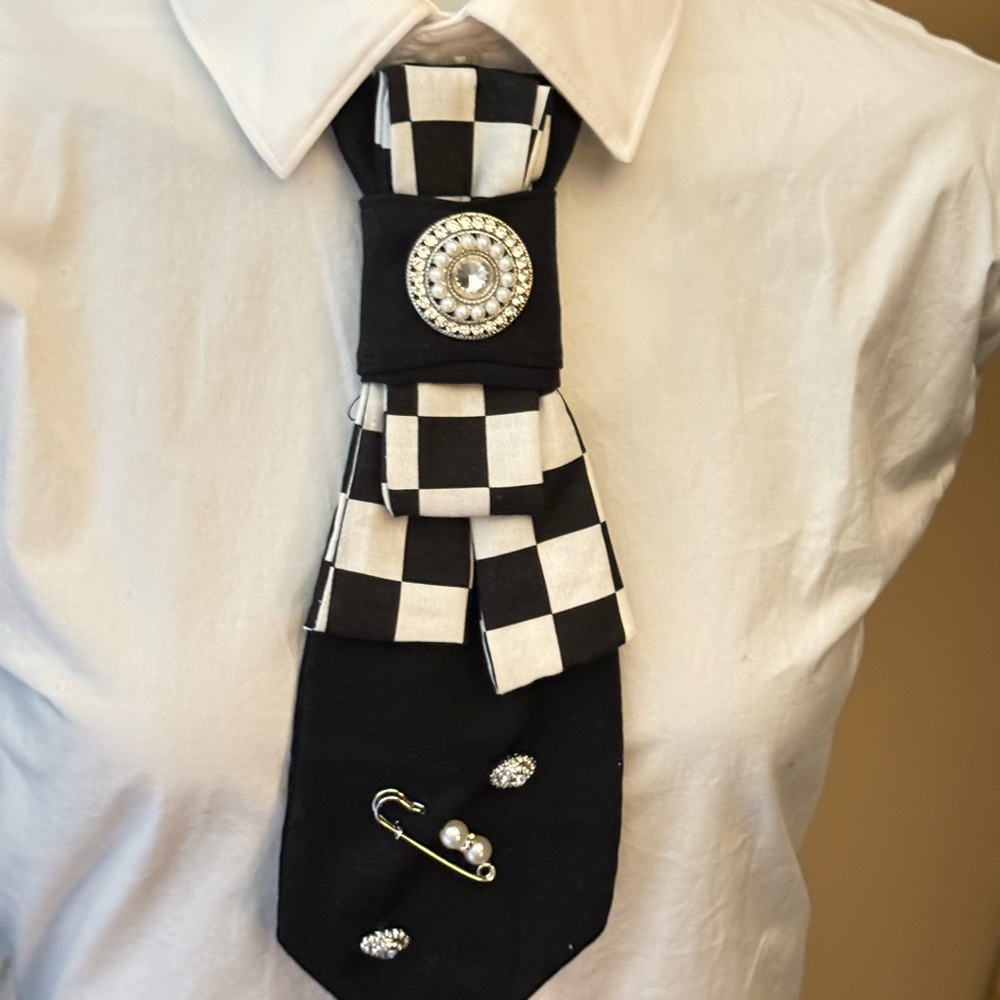 Black and White Checkered Tie with Brooch
